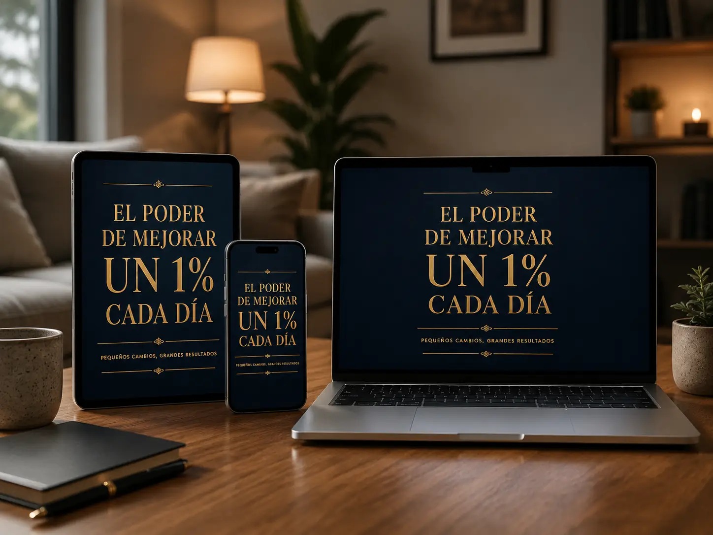 El ebook mostrado en tablet, teléfono y laptop