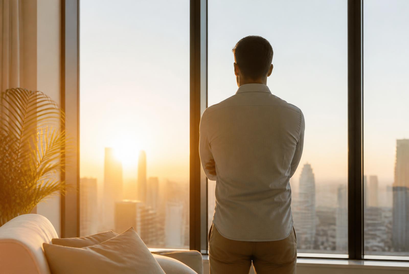 Hombre mirando por la ventana al atardecer con expresión de frustración