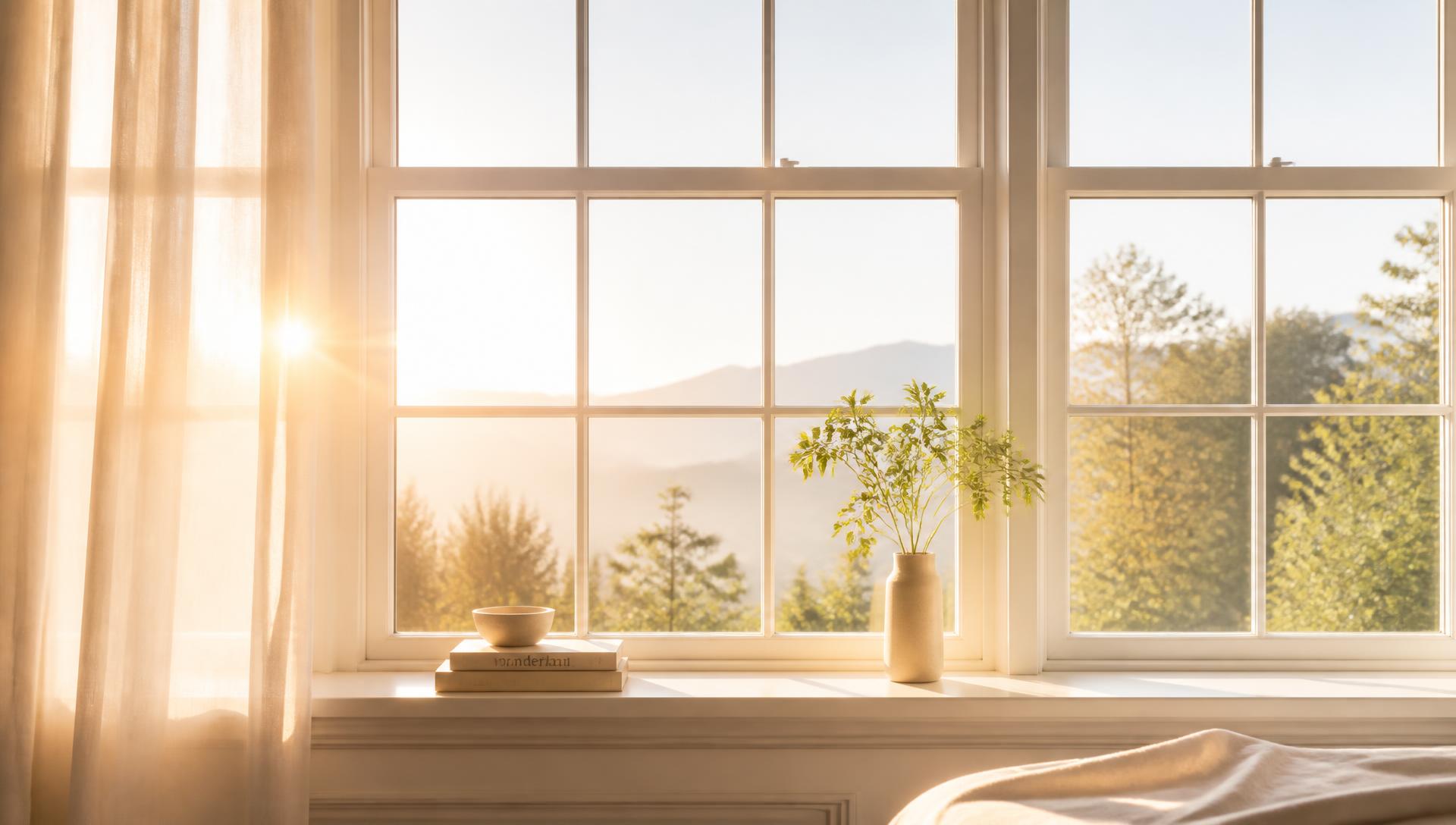Hombre mirando por la ventana al atardecer con expresión de frustración