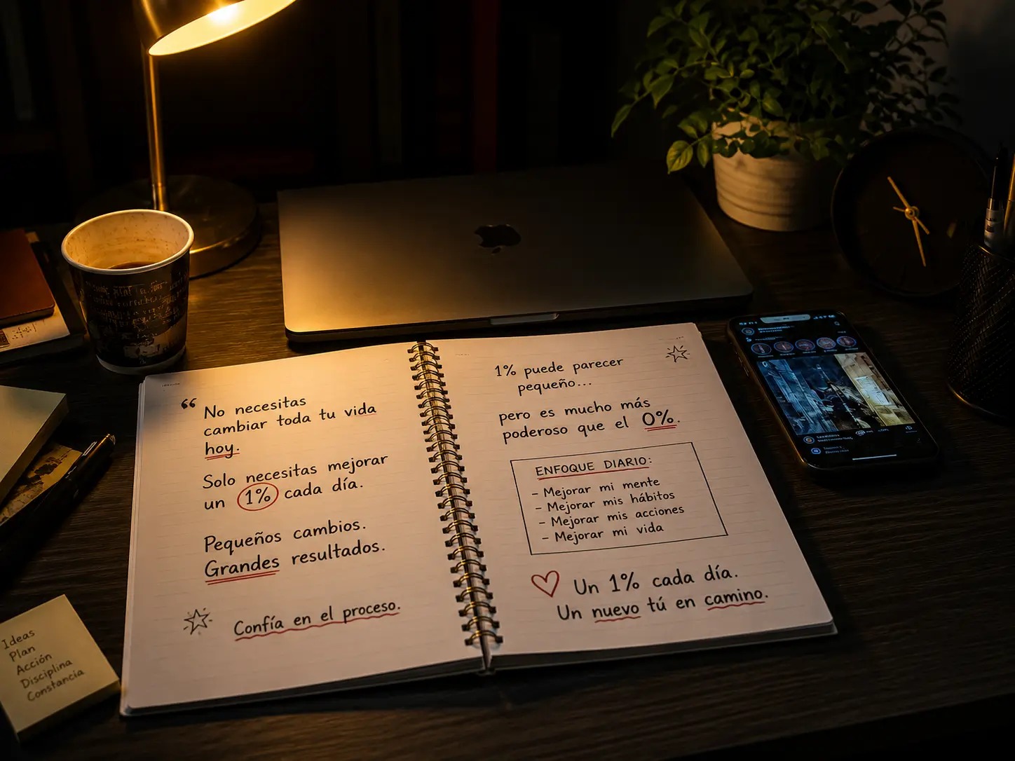 Escritorio de noche con café frío, laptop cerrada, agenda vacía y teléfono encendido