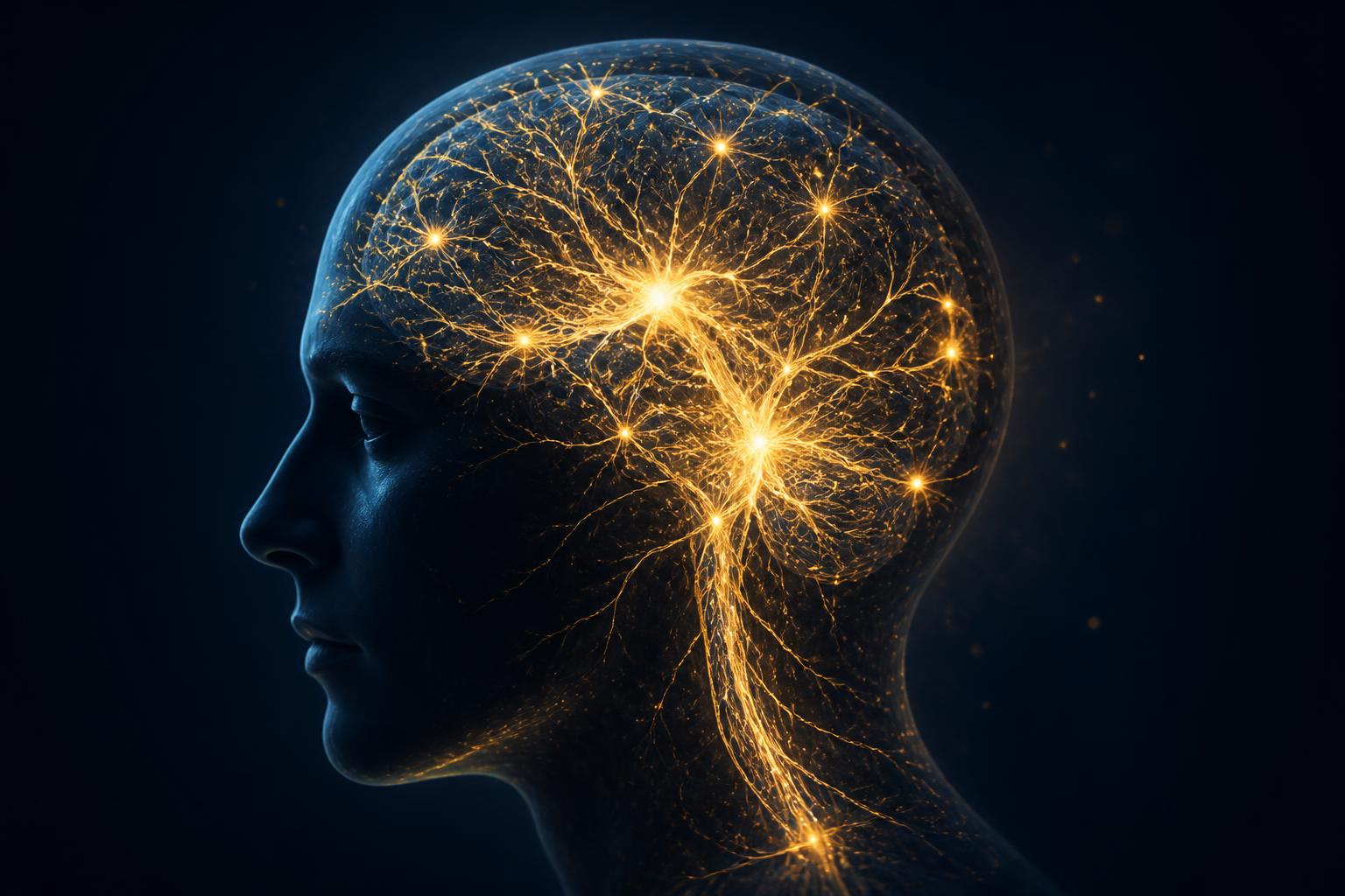 Ilustración de conexiones neuronales luminosas dentro de la silueta de una cabeza