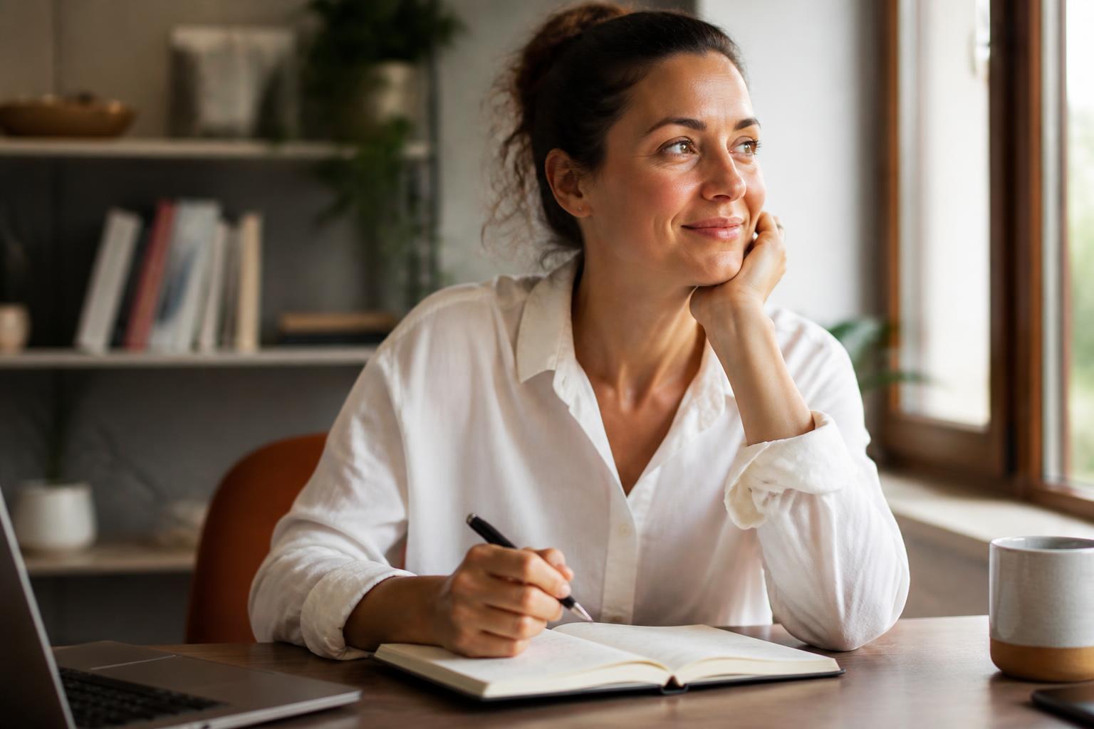 Mujer escribiendo con calma en su cuaderno junto a una ventana con luz de mañana